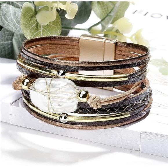 Bracelet for Women, Boho Leather Wrap Multi-Layer Pearl Crystal Bracelet Bangle - Picture 4 of 5